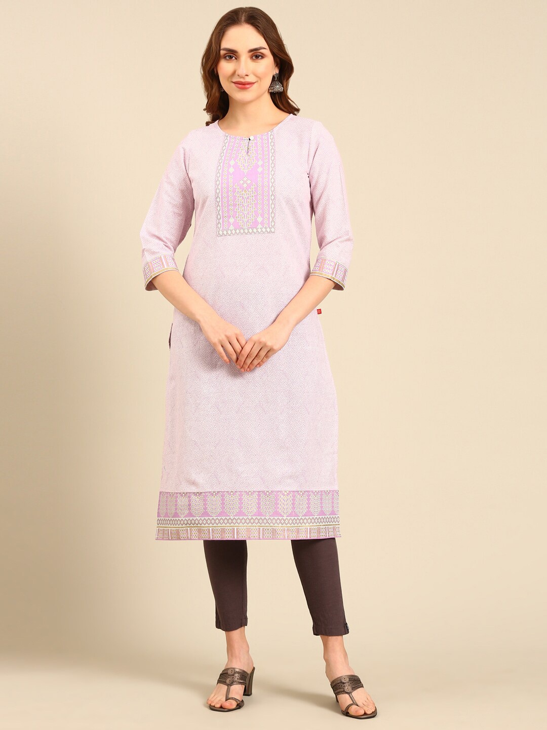 

Marcia Geometric Printed Round Neck Pure Cotton Straight Kurta, Purple