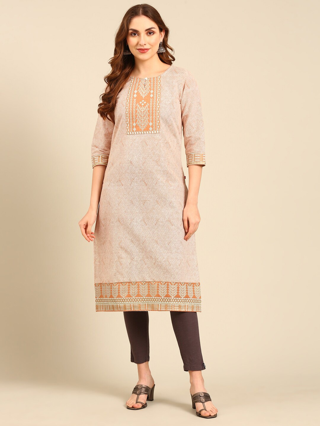 

Marcia Geometric Printed Round Neck Pure Cotton Straight Kurta, Brown