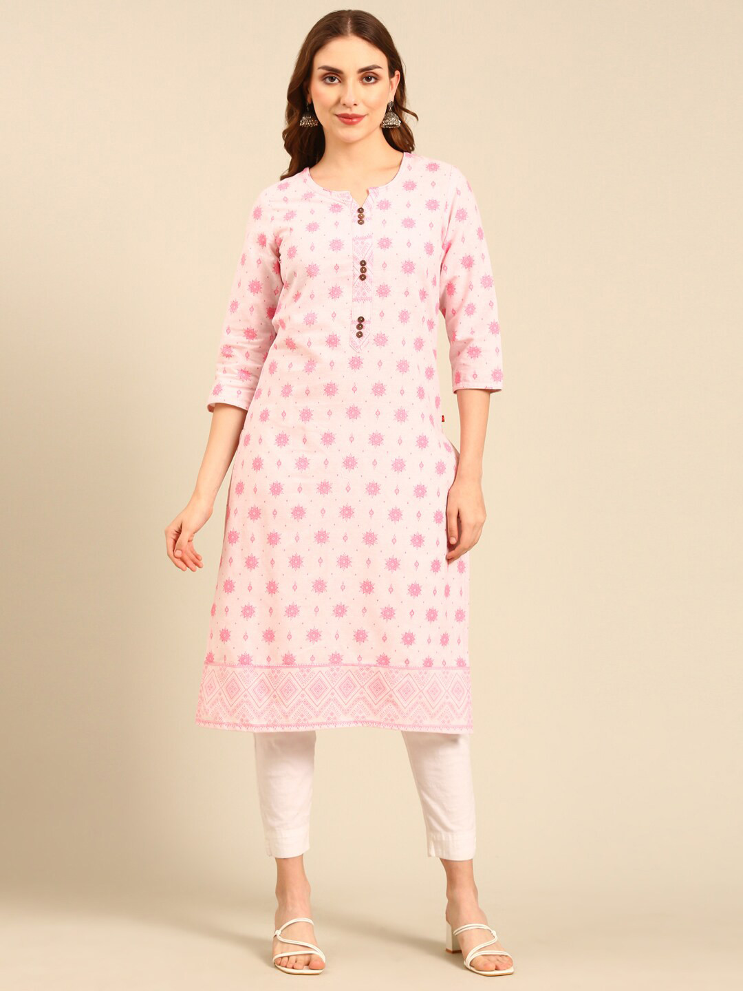 

Marcia Ethnic Motifs Printed Round Neck Pure Cotton Straight Kurta, Pink