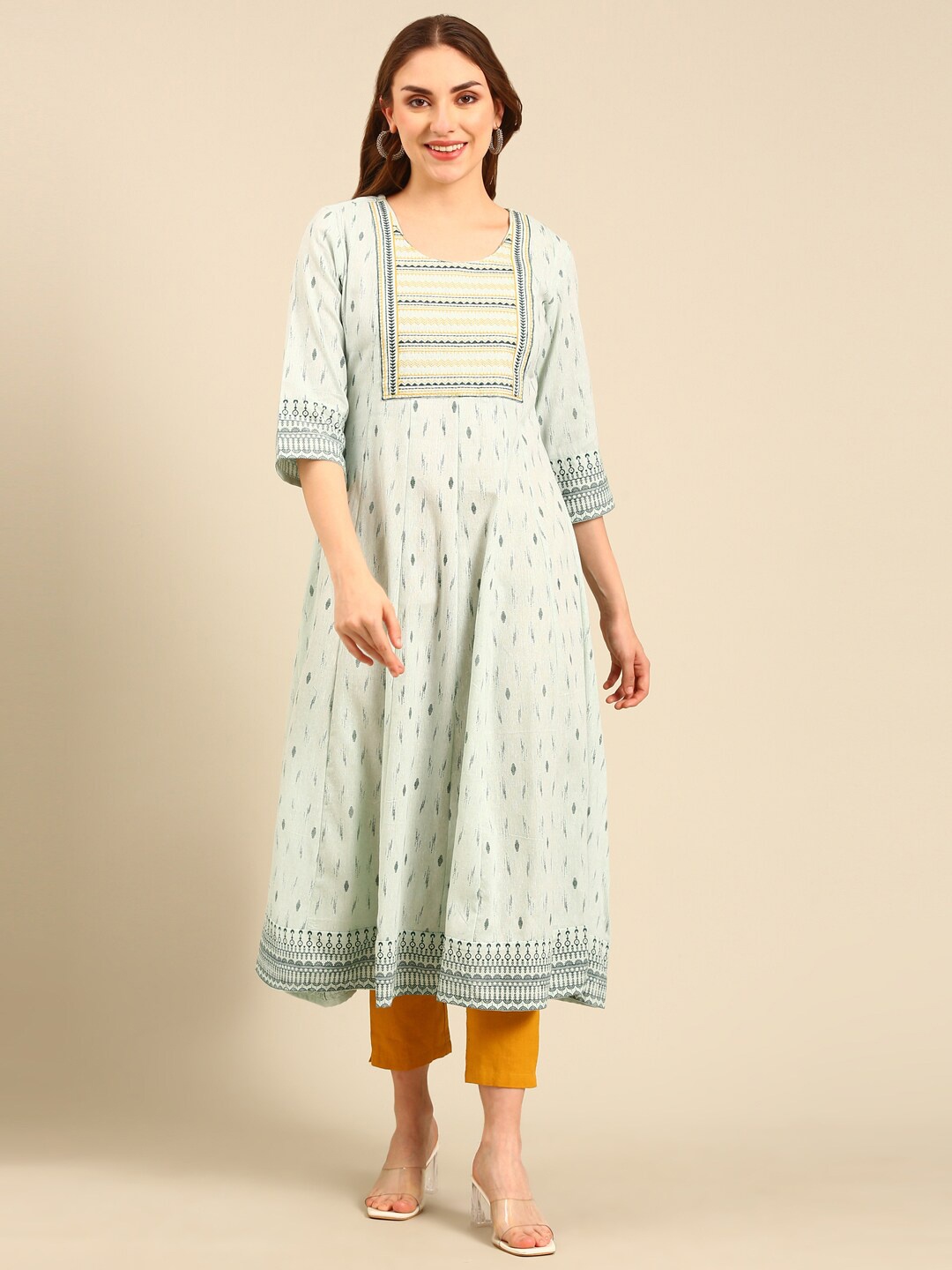 

Marcia Ethnic Motifs Woven Designed Round Neck Thread Work Pure Cotton A-Line Kurta, Green