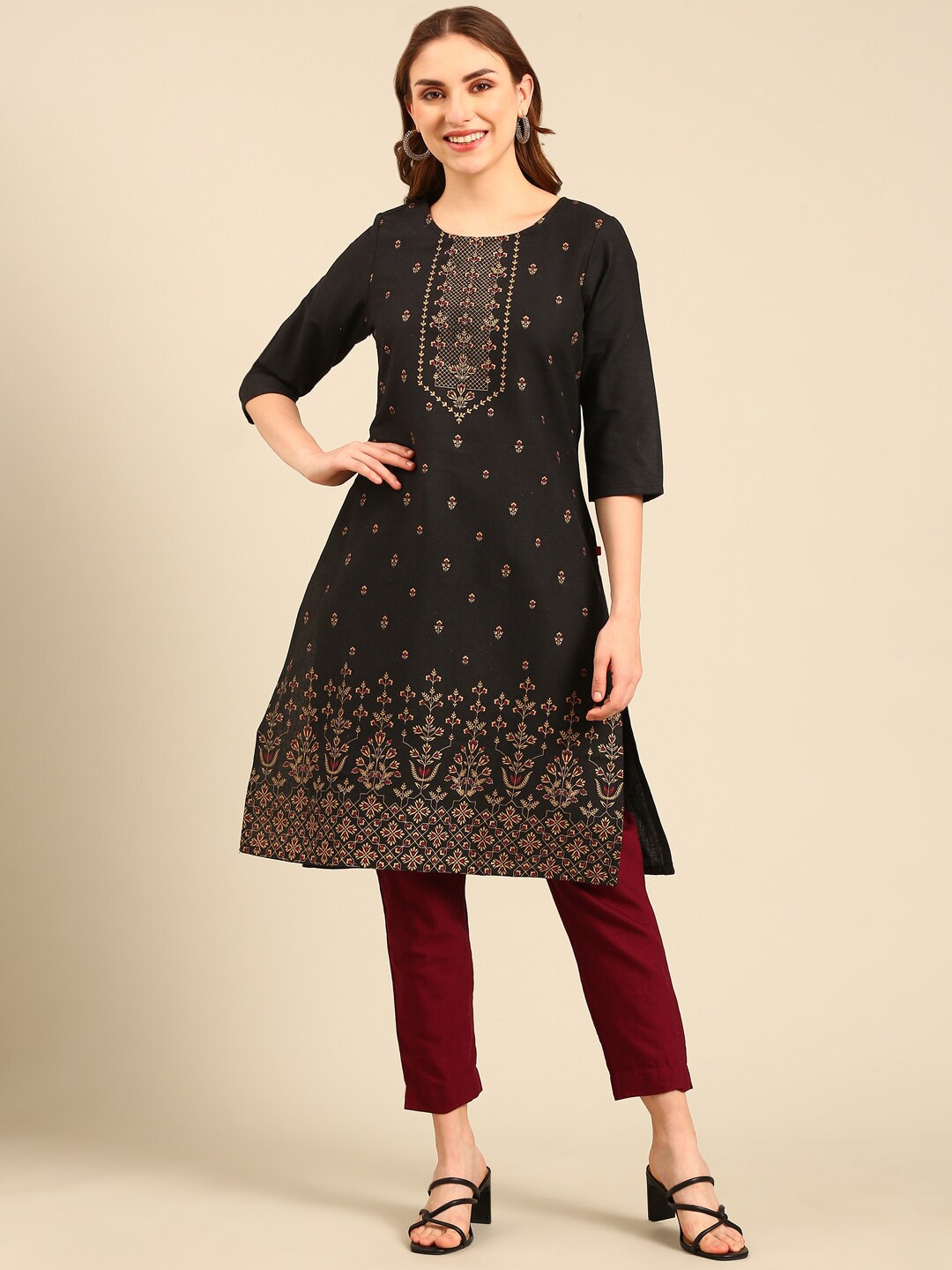 

Marcia Ethnic Motifs Printed Round Neck Pure Cotton Straight Kurta, Black