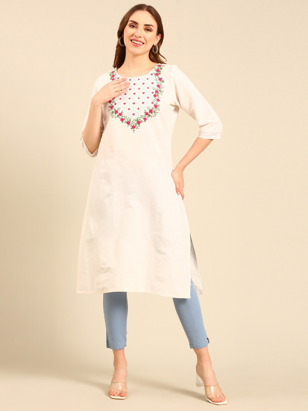 

Marcia Ethnic Motifs Yoke Designed Thread Work Pure Cotton Straight Kurta, White