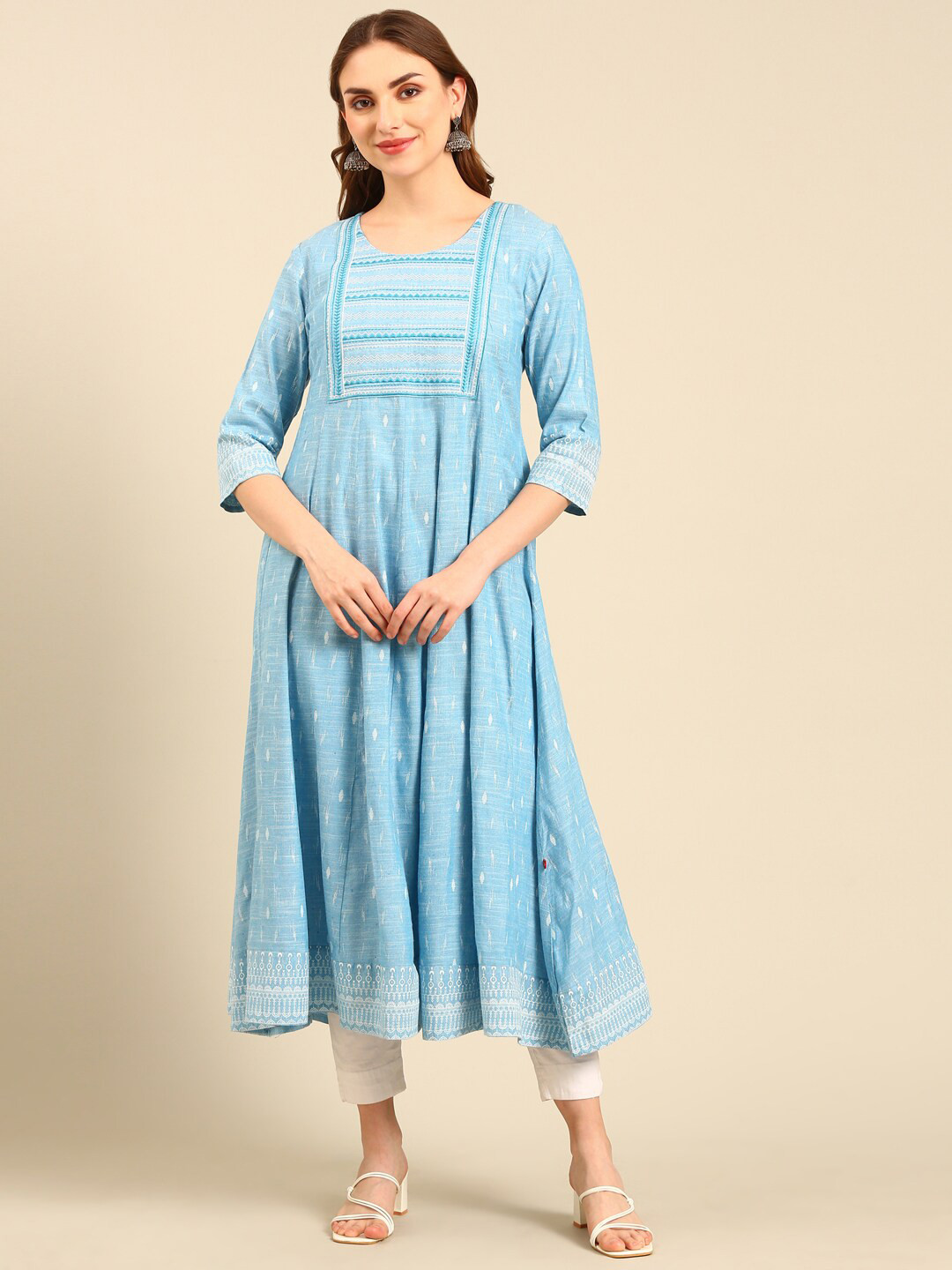 

Marcia Ethnic Motifs Woven Designed Round Neck Thread Work Pure Cotton A-Line Kurta, Blue