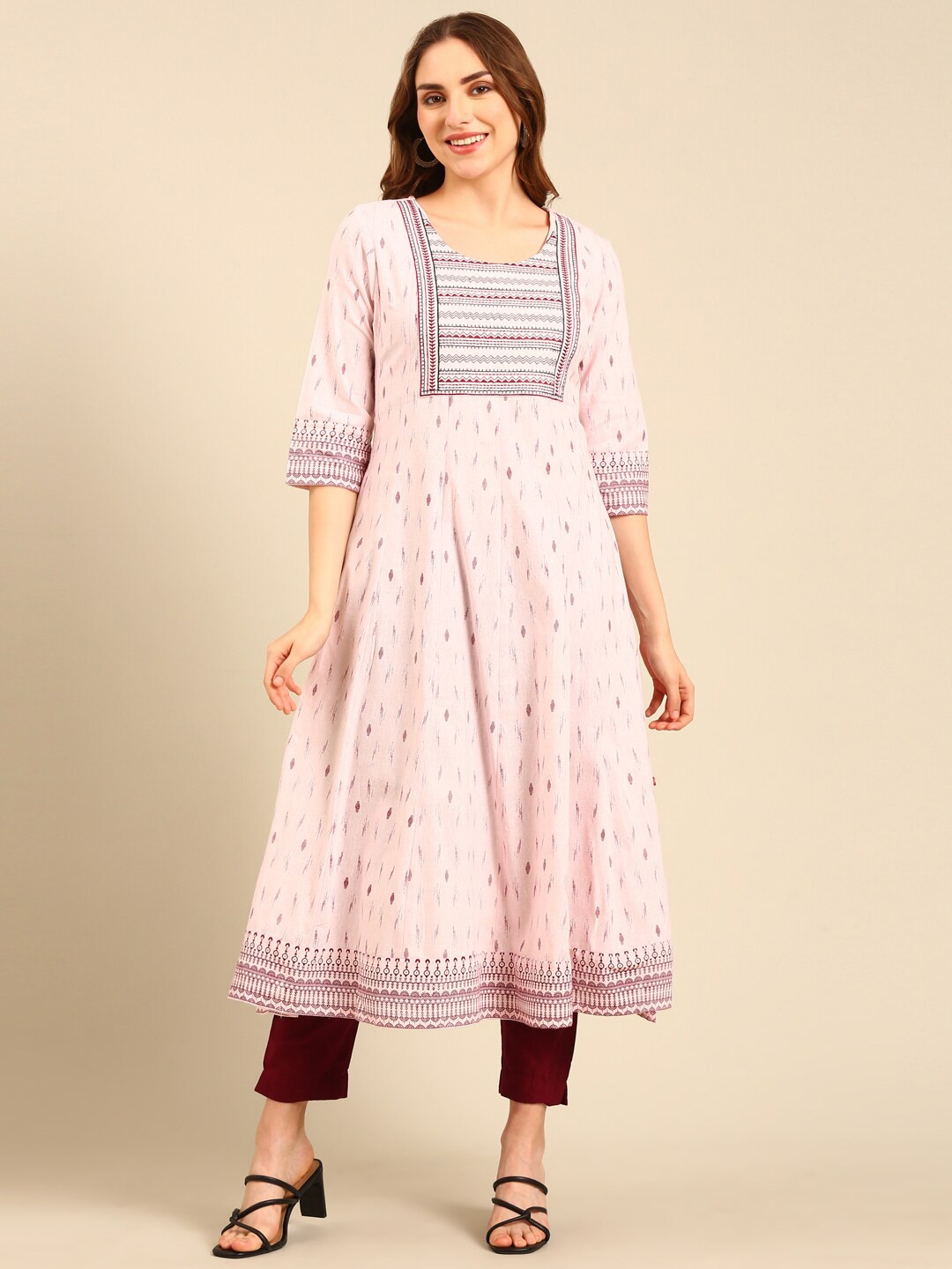 

Marcia Ethnic Motifs Woven Designed Round Neck Thread Work Pure Cotton A-Line Kurta, Pink