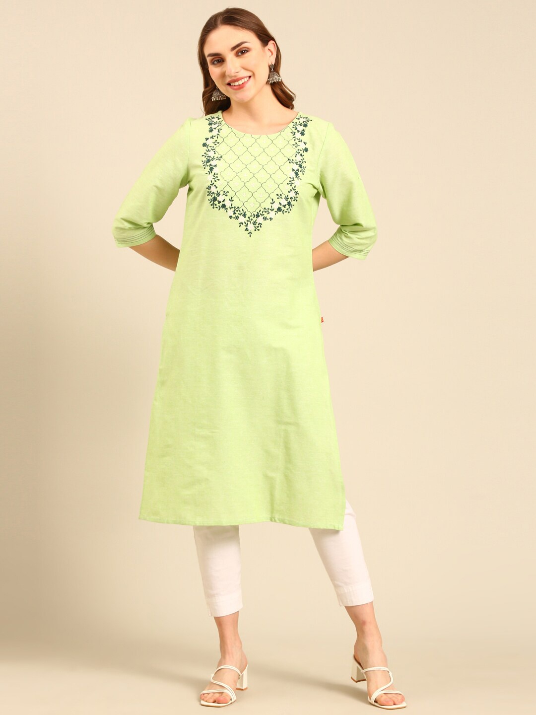 

Marcia Geometric Yoke Design Thread Work Pure Cotton Straight Kurta, Green