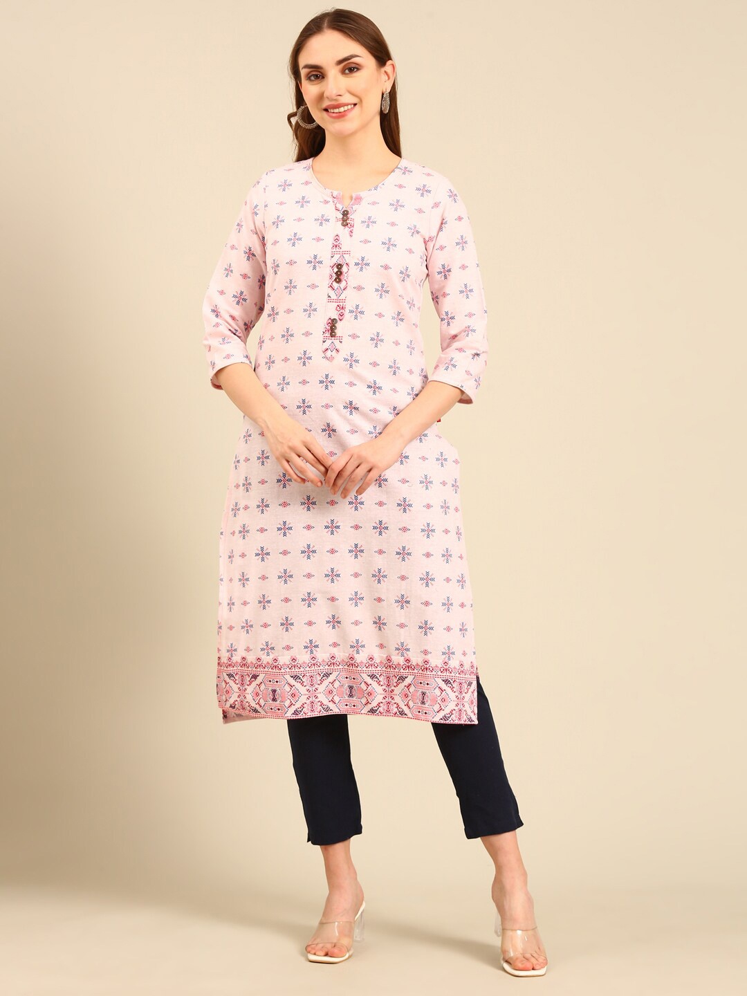 

Marcia Ethnic Motifs Printed Round Neck Pure Cotton Straight Kurta, Pink