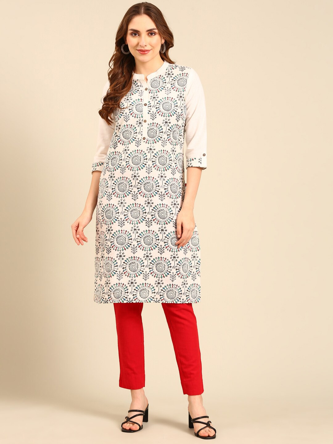 

Marcia Ethnic Motifs Printed Mandarin Collar Pure Cotton Straight Kurta, Cream