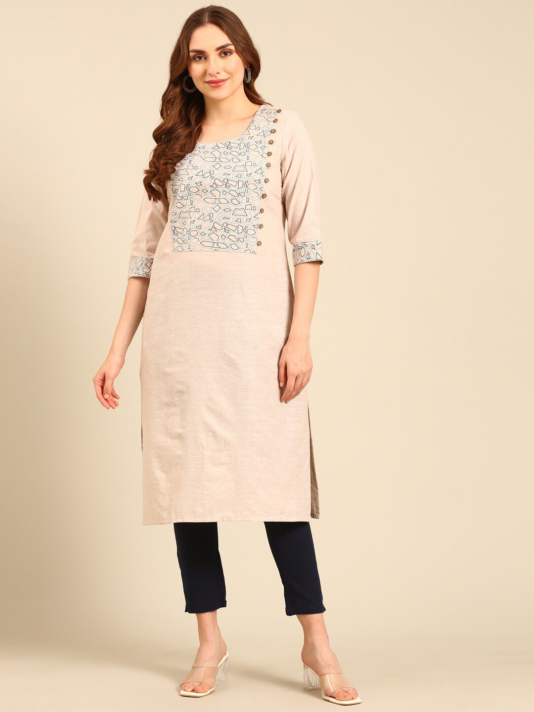 

Marcia Abstract Yoke Designed Round Neck Pure Cotton Straight Kurta, Beige