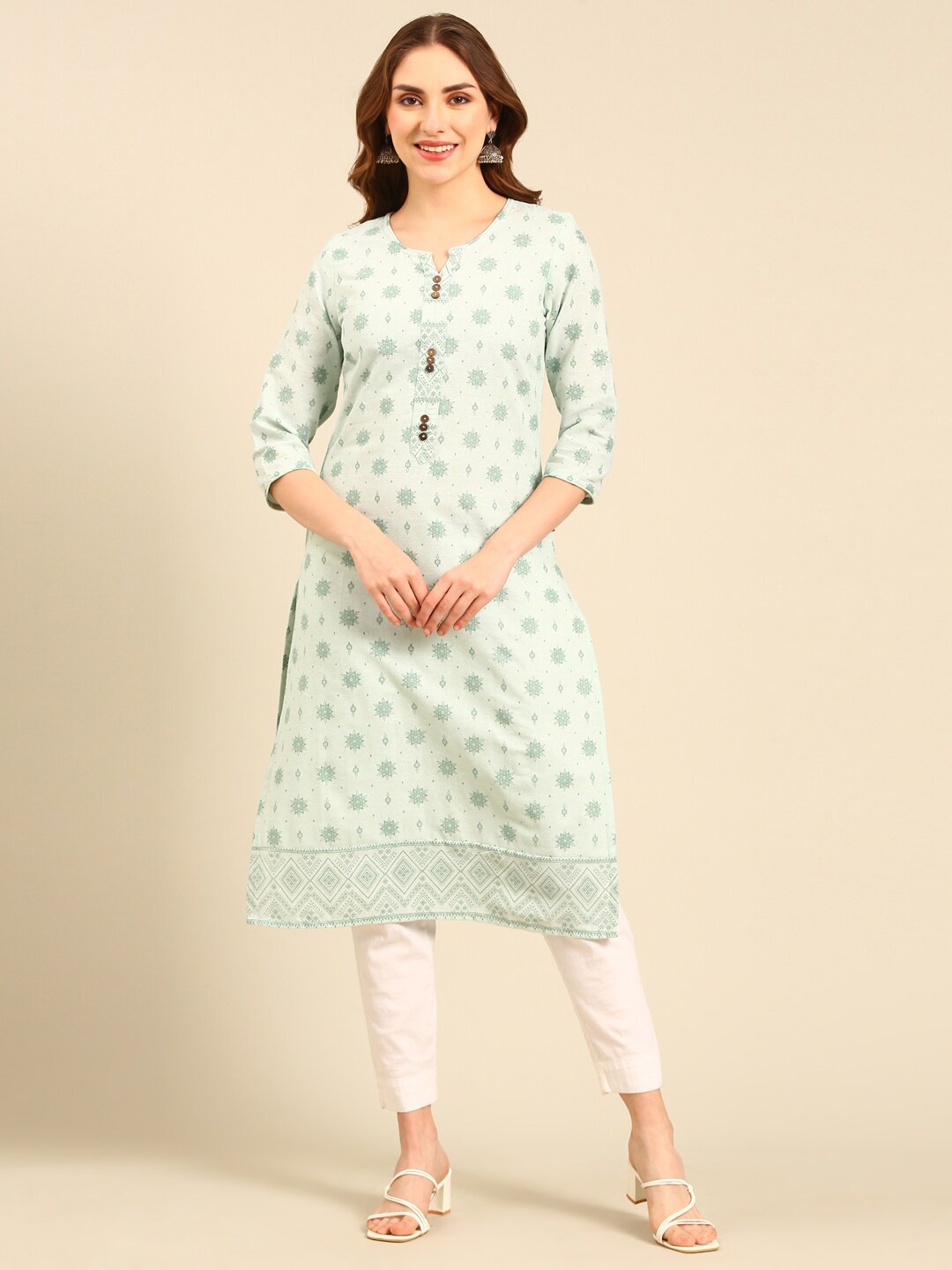 

Marcia Ethnic Motifs Printed Round Neck Pure Cotton Straight Kurta, Green