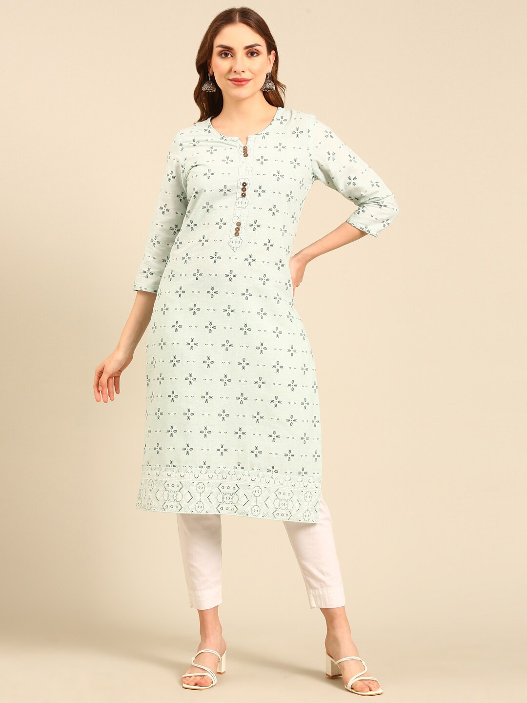 

Marcia Ethnic Motifs Printed Round Neck Pure Cotton Straight Kurta, Green