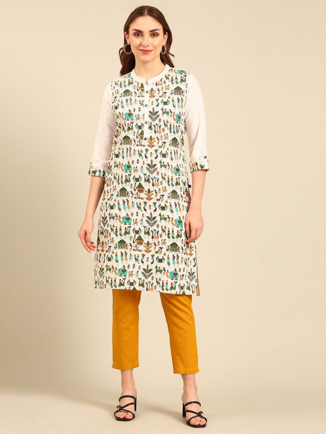 

Marcia Ethnic Motifs Printed Mandarin Collar Pure Cotton Straight Kurta, Cream