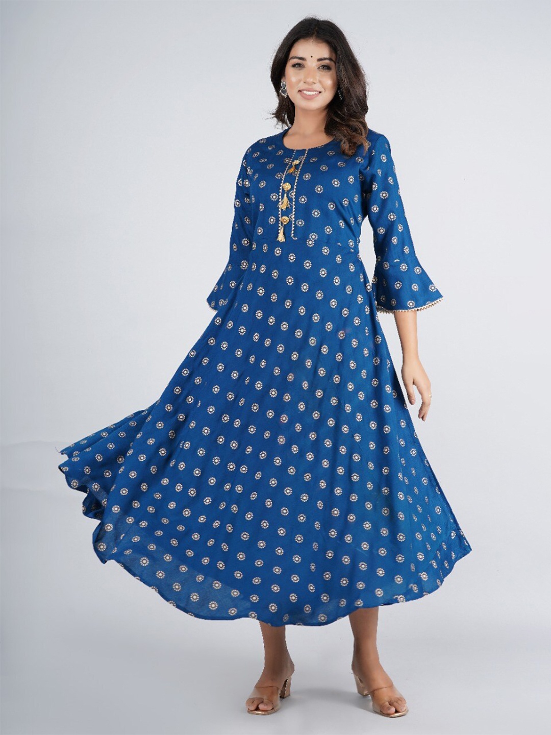 

JAHIDA COMFORT WITH STYLE Blue Geometric Printed Flared Sleeves Thread Work Anarkali Kurta