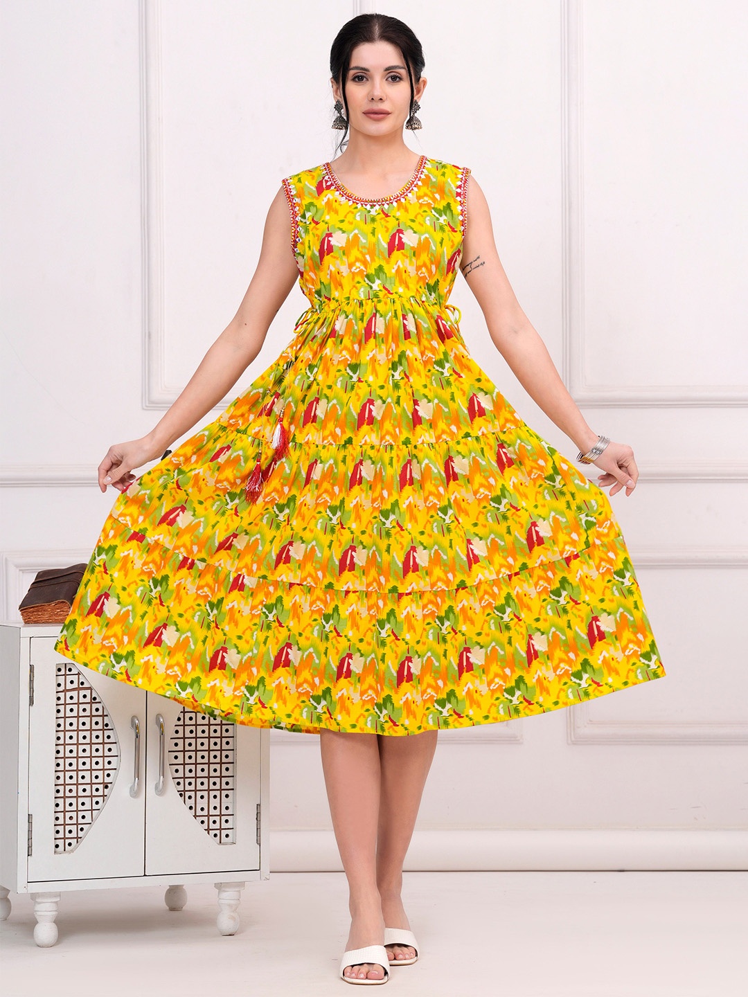 

JAHIDA COMFORT WITH STYLE Print Cotton Fit & Flare Ethnic Midi Dress, Yellow