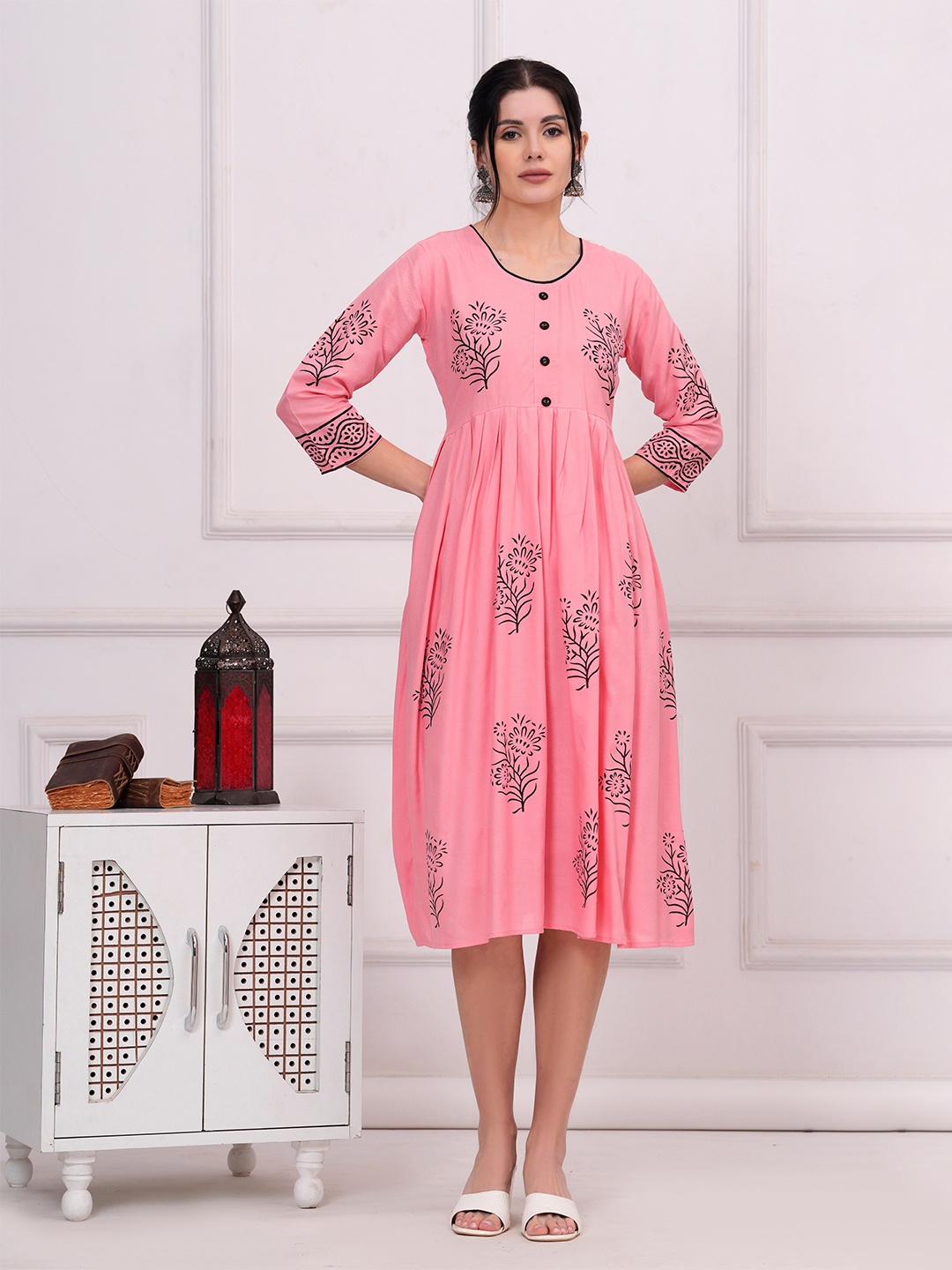 

JAHIDA COMFORT WITH STYLE Ethnic Motifs Print Fit & Flare Midi Ethnic Dress, Peach