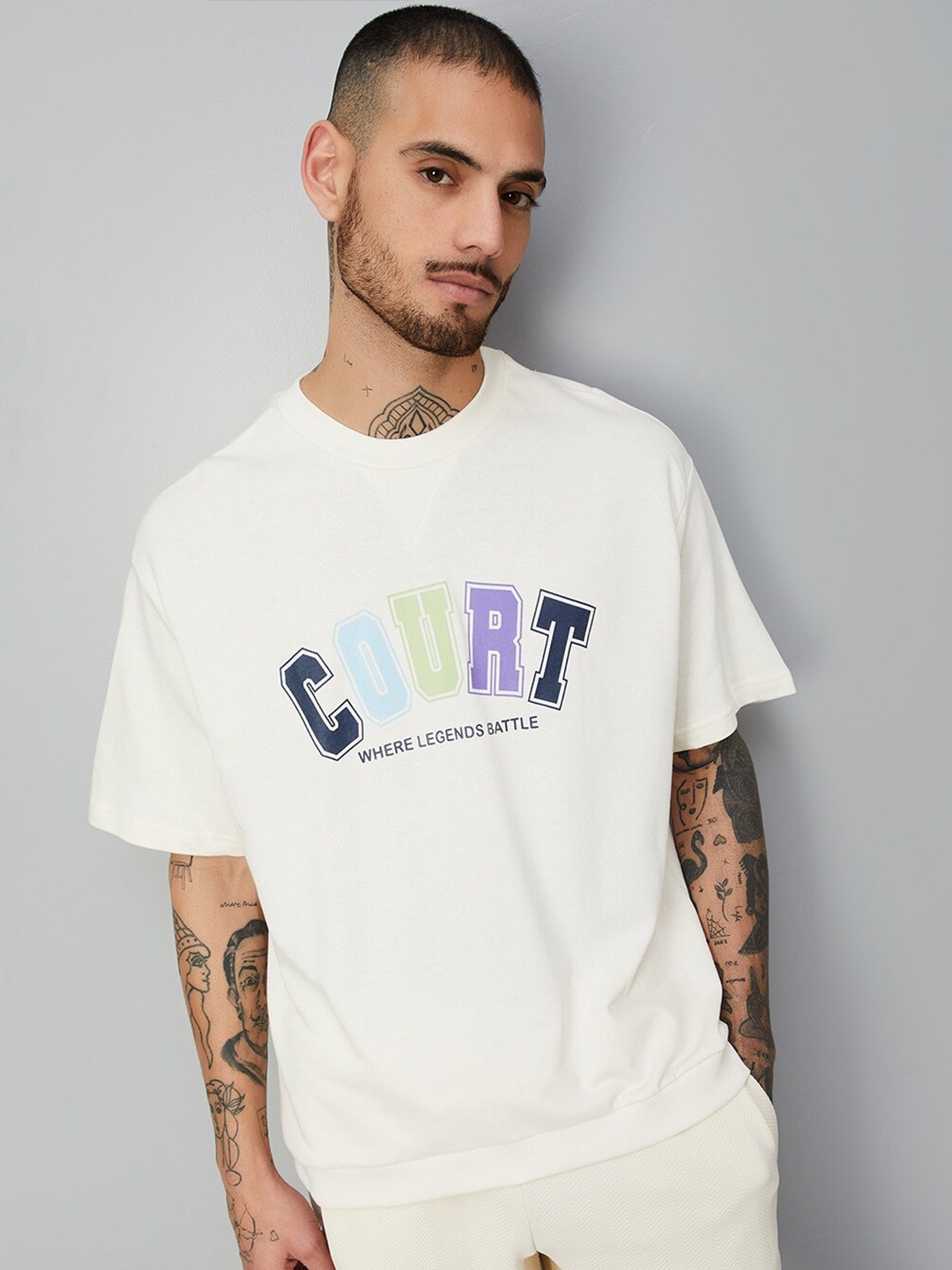 max Typography Cotton T-shirt, Beige