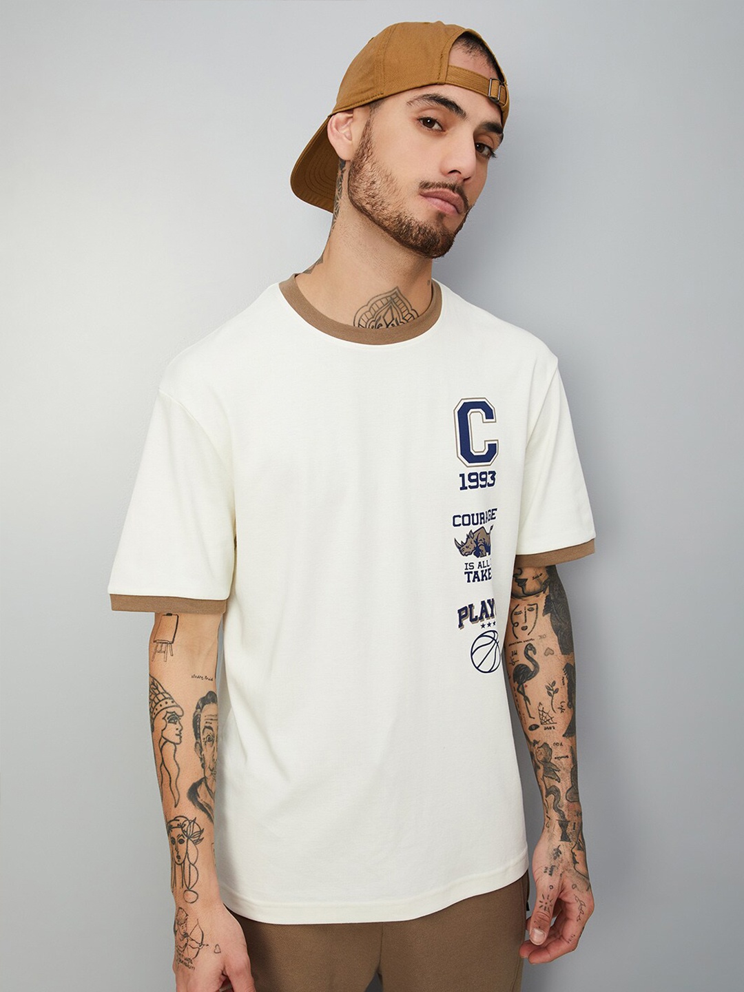 max Typography Printed Round Neck Short Sleeves T-shirt, Beige
