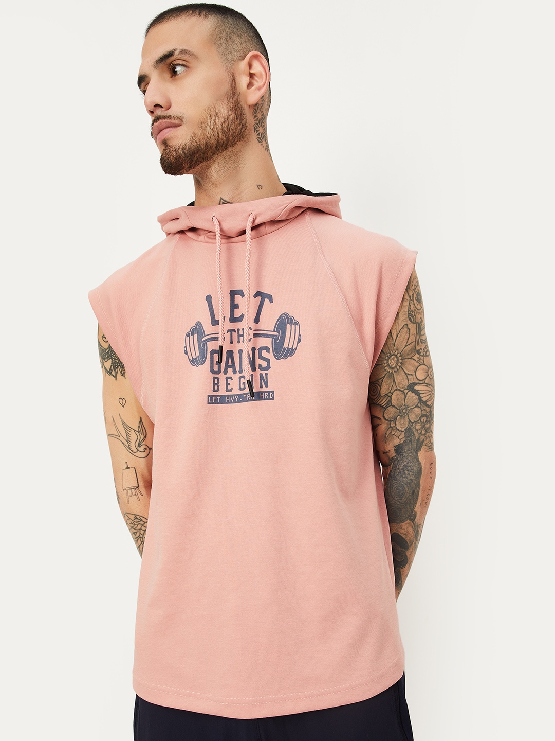 max Typography Printed Sleeveless Hooded T-shirt, Pink