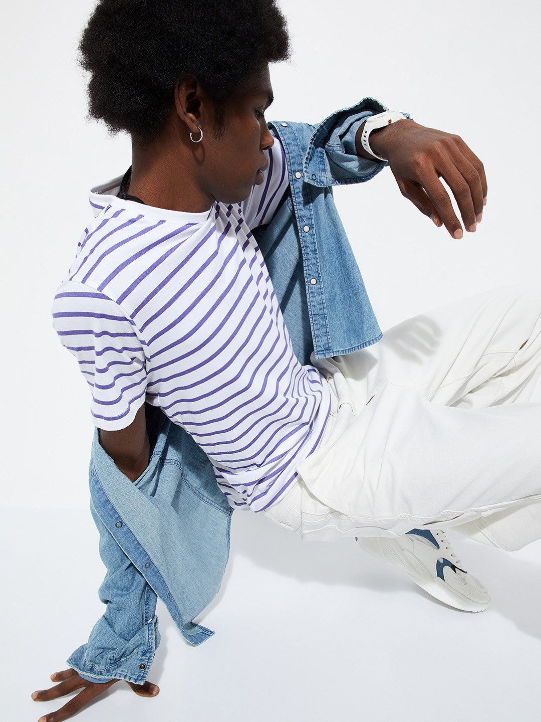 

max URB_N Striped Round Neck Short Sleeves Cotton T-shirt, Purple