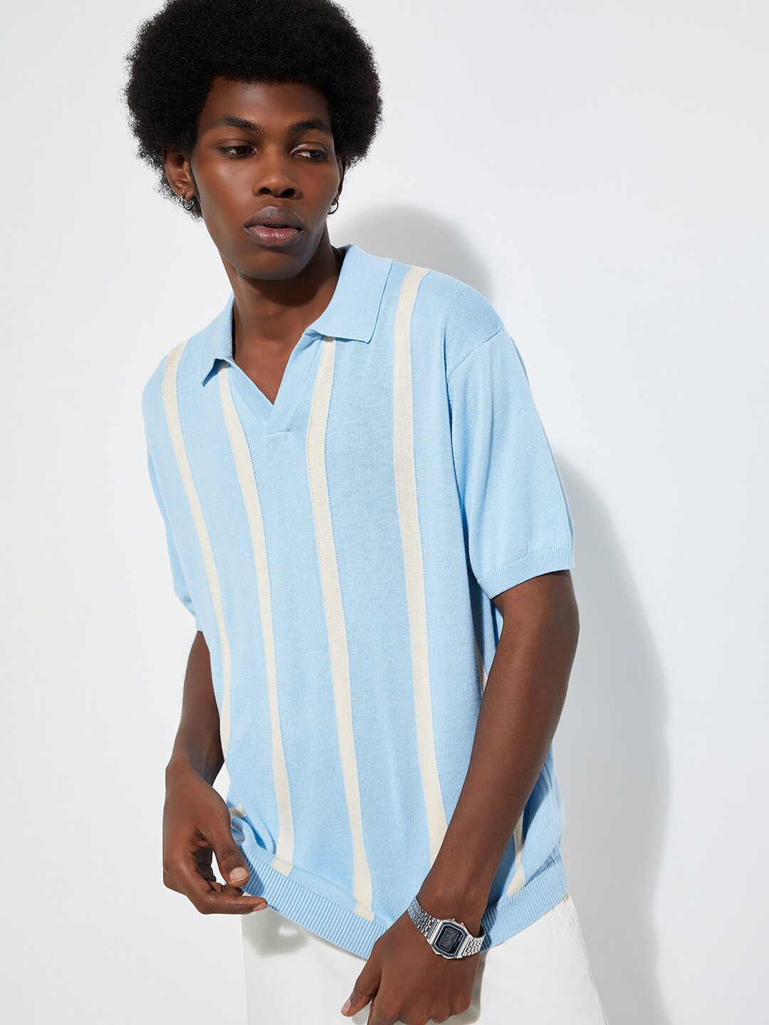 

max URB_N Striped Printed Polo Collar Casual T-shirt, Blue