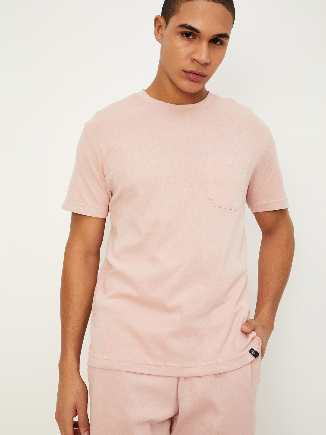 

max Round Neck Short Sleeves Pockets Cotton Regular T-shirt, Pink