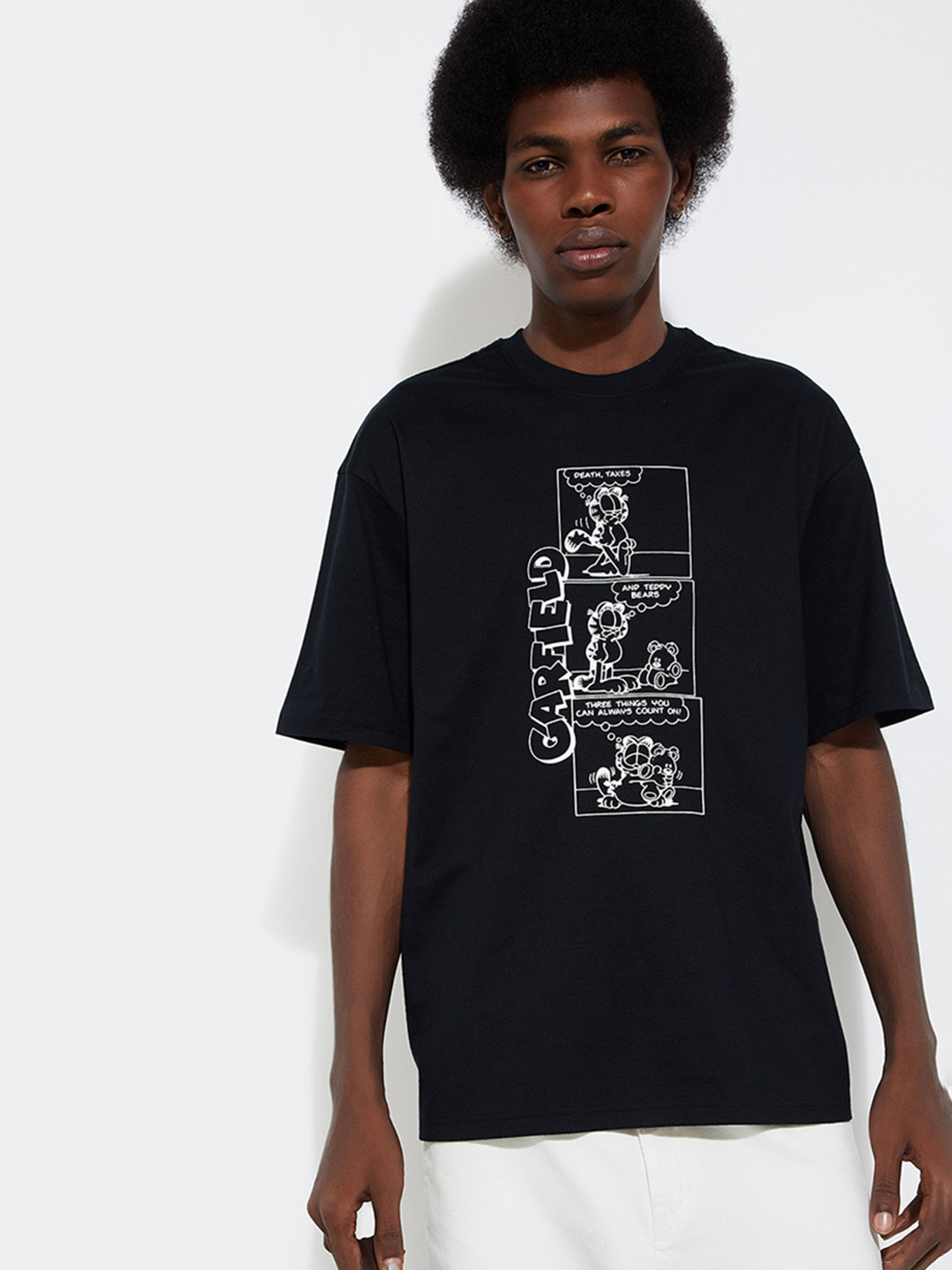 

max URB_N Garfield Printed Round Neck Short Sleeves Cotton T-shirt, Black