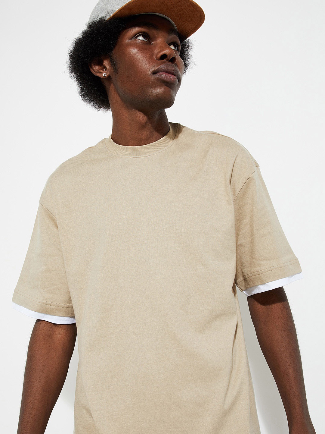 

max URB_N Men Round Neck Drop-Shoulder Cotton T-shirt, Beige