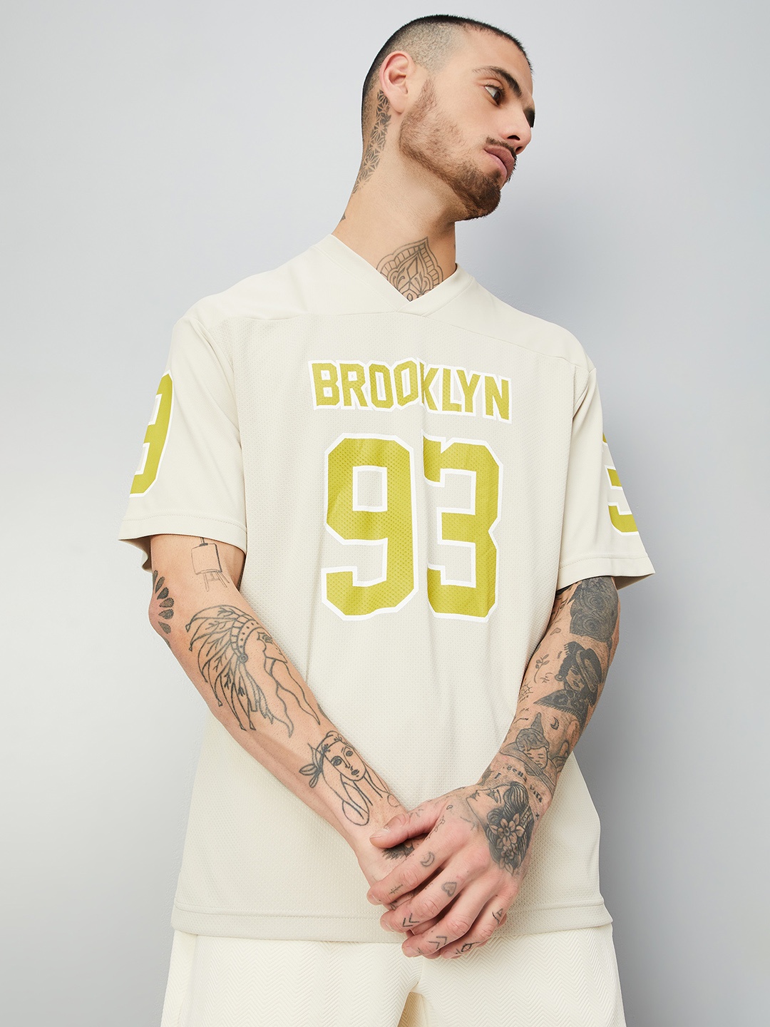 

max Typography Printed V-Neck Short Sleeves T-shirt, Beige