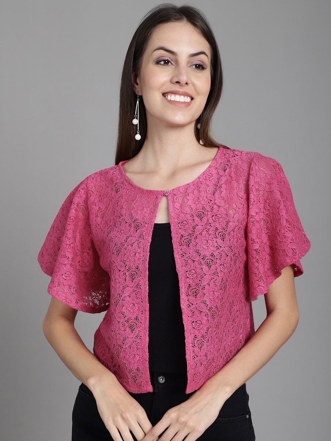 

Dressitude Self Design Flared Sleeves Lace Shrug, Fuchsia