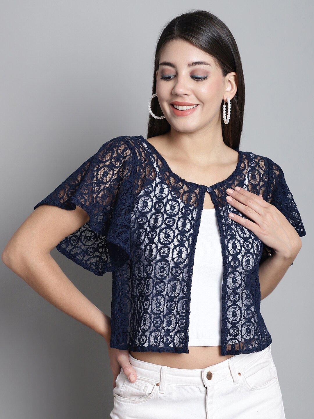 

Dressitude Self Design Flared Sleeves Lace Shrug, Navy blue