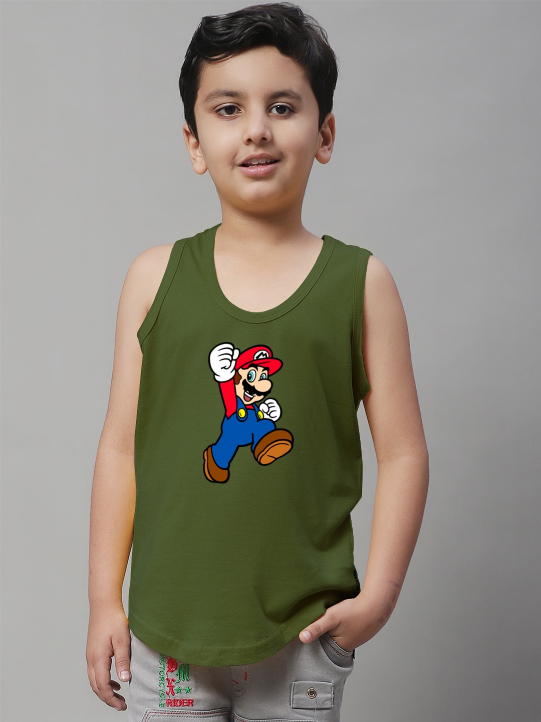 

Friskers Boys Printed Pure Cotton Innerwear Basic Vest, Olive