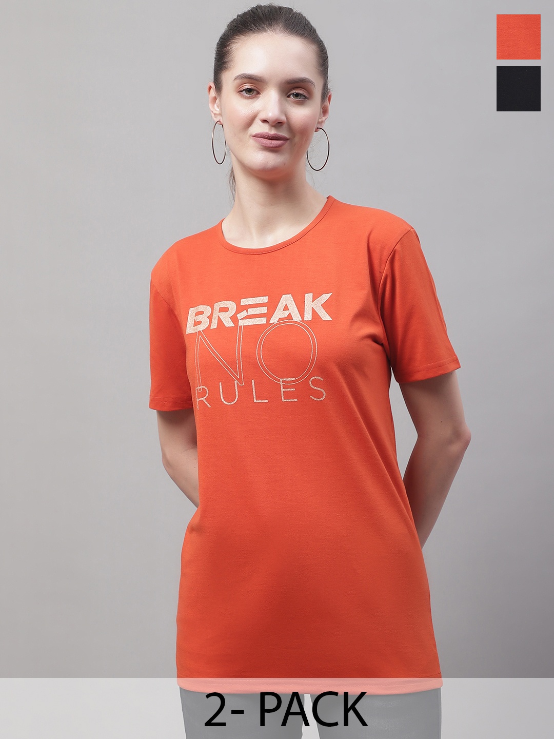 

MACK JONNEY Pack of 2 Typography Printed Cotton T-shirt, Orange