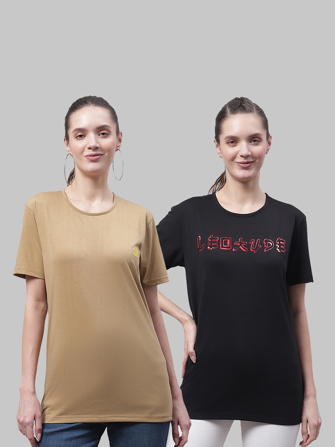 

VIMAL JONNEY Pack Of 2 Typography Printed Round Neck Longline Cotton T-shirt, Brown