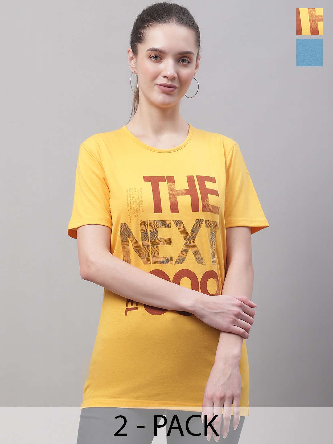 

MACK JONNEY Pack Of 2 Typography Printed Round Neck Longline Cotton T-shirt, Yellow