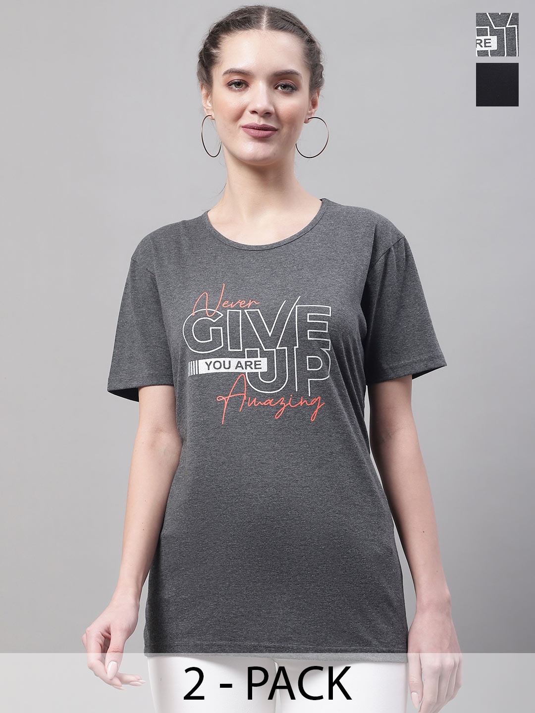 

MACK JONNEY Pack Of 2 Typography Printed Cotton T-shirts, Grey