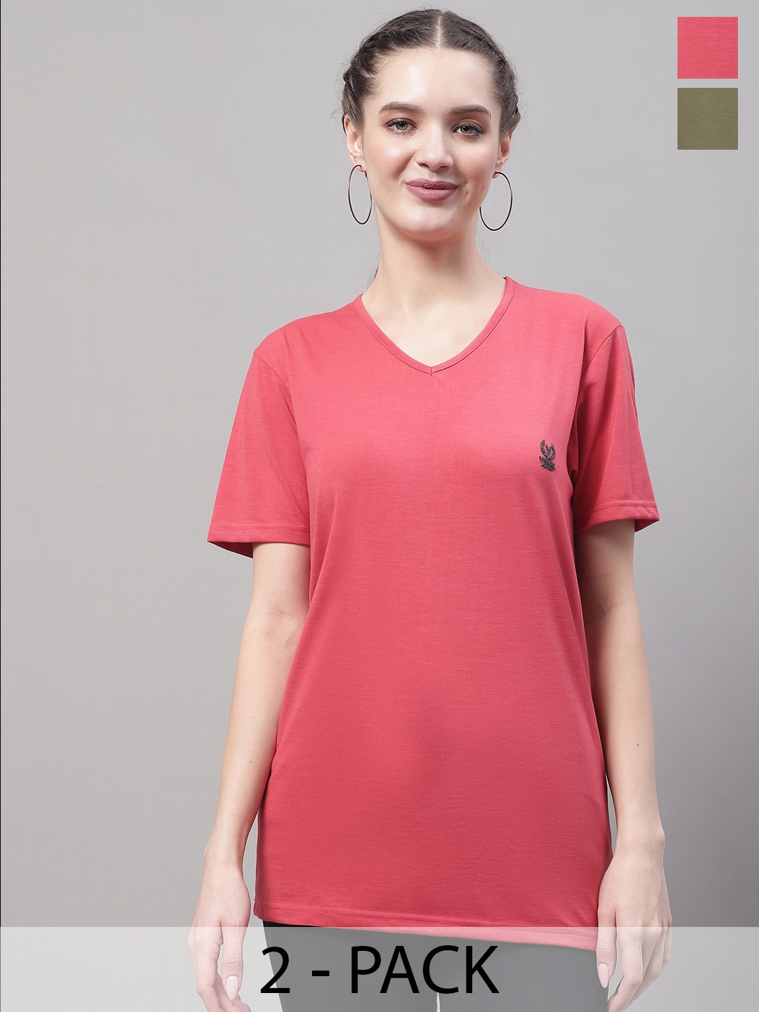 

VIMAL JONNEY Pack Of 2 V-Neck Cotton T-shirt, Pink
