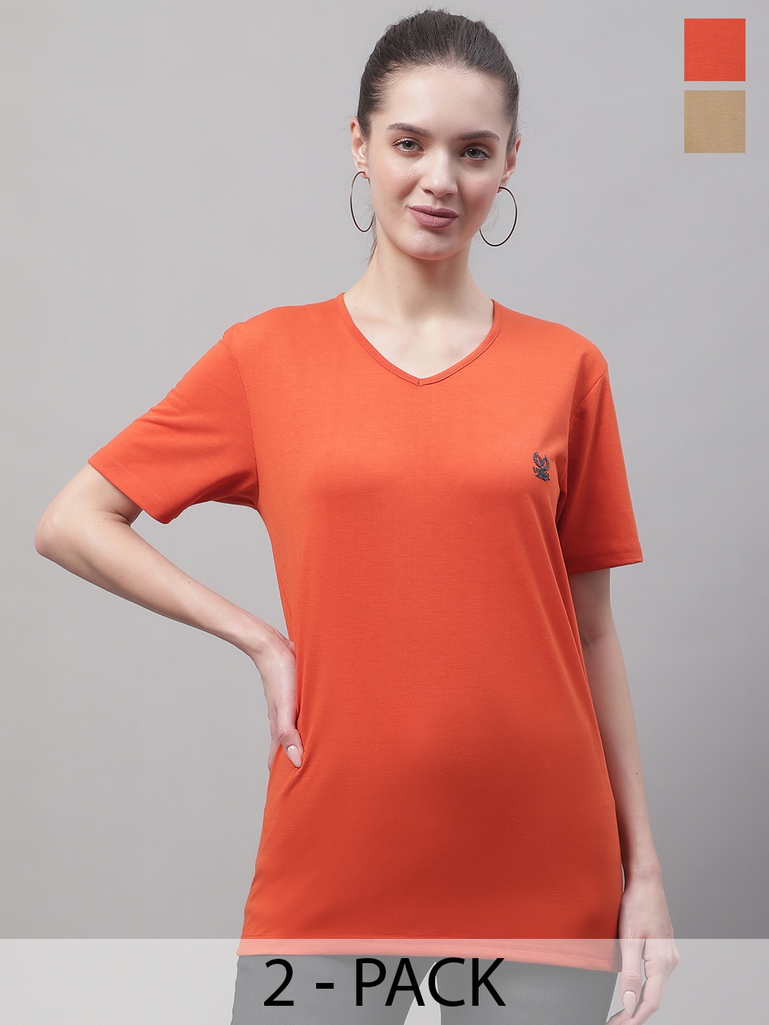 

VIMAL JONNEY Pack Of 2 V-Neck Cotton T-shirt, Orange