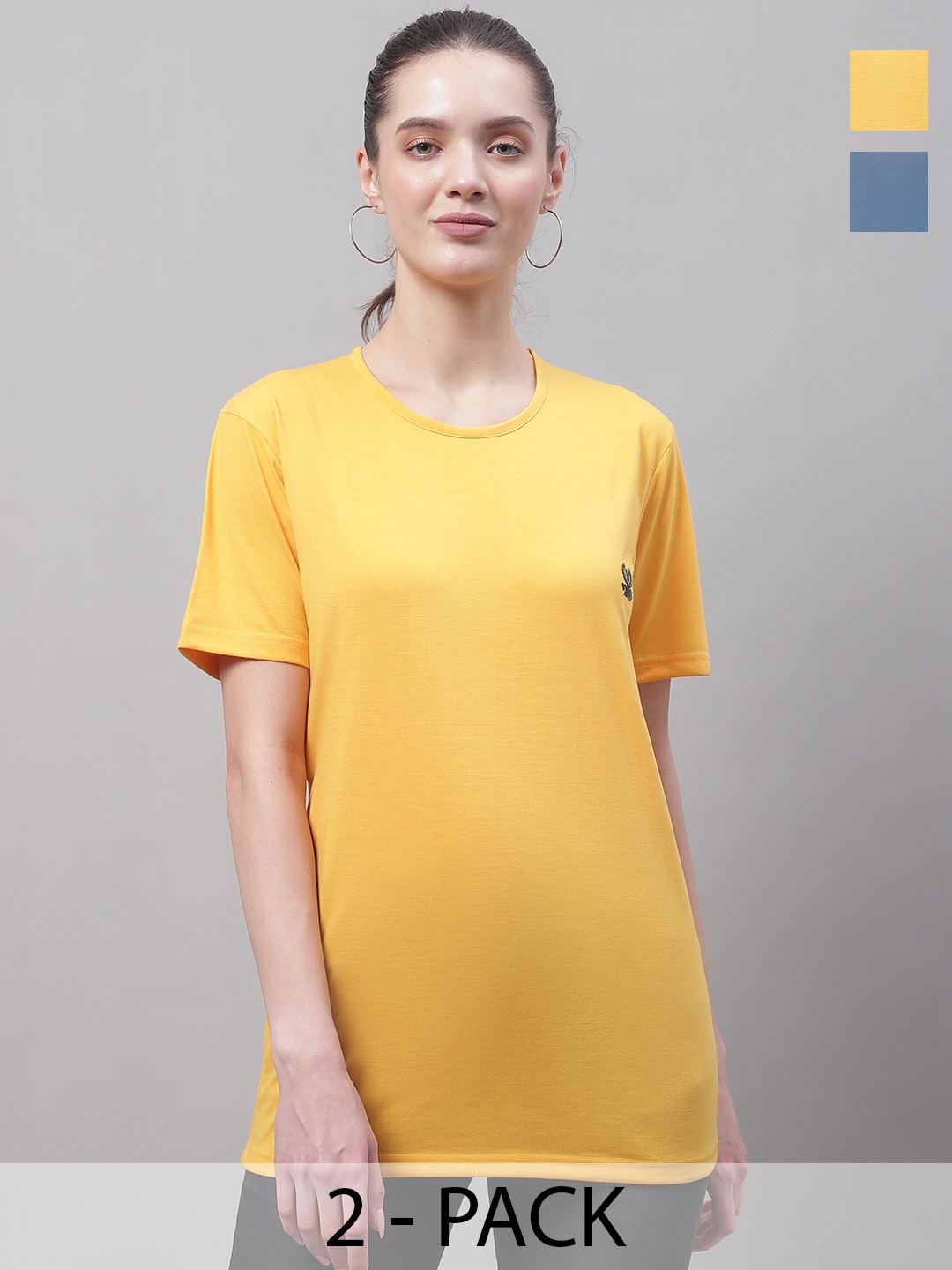 

VIMAL JONNEY Pack Of 2 Round Neck Cotton T-shirts, Yellow