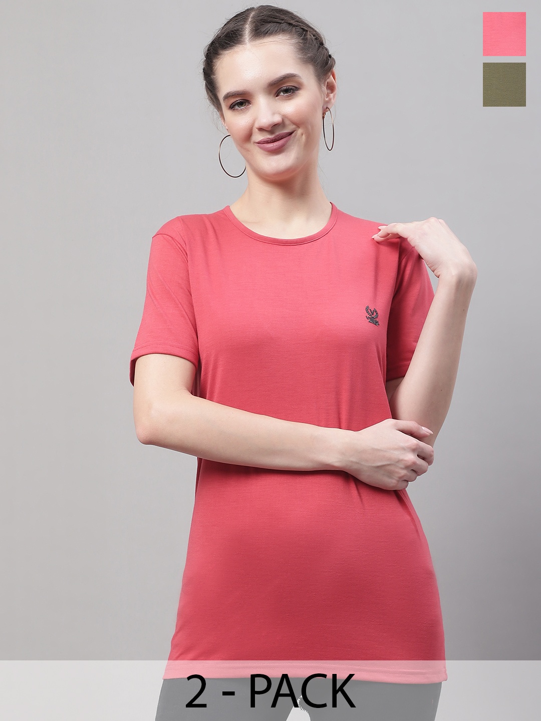 

VIMAL JONNEY Pack Of 2 Round Neck Cotton T-shirts, Pink