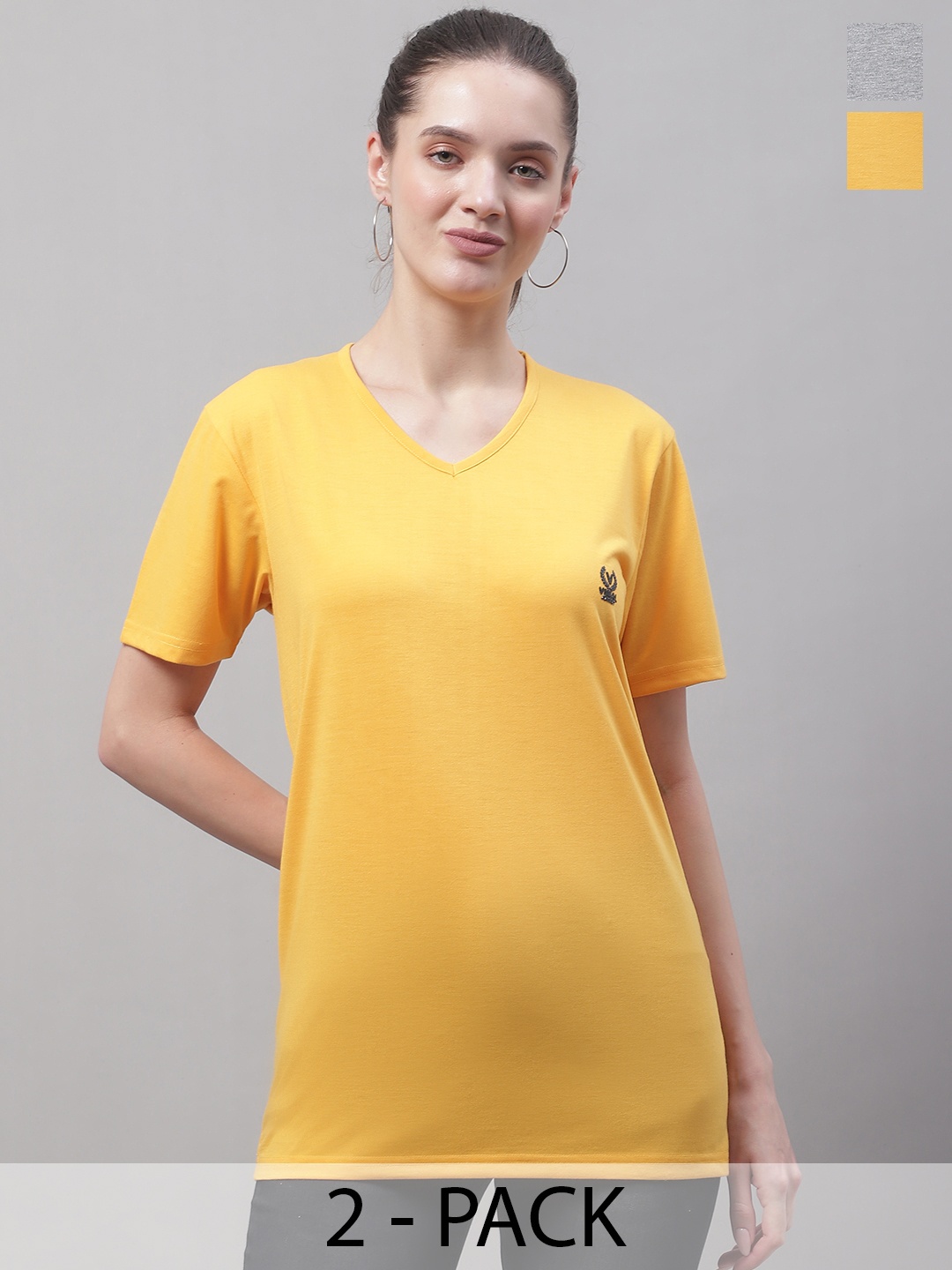 

MACK JONNEY Pack of 2 V-Neck Drop-Shoulder Sleeves Cotton T-shirt, Yellow