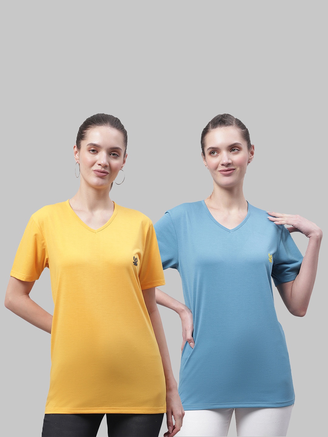 

MACK JONNEY Pack of 2 V-Neck Drop-Shoulder Sleeves Cotton T-shirt, Yellow
