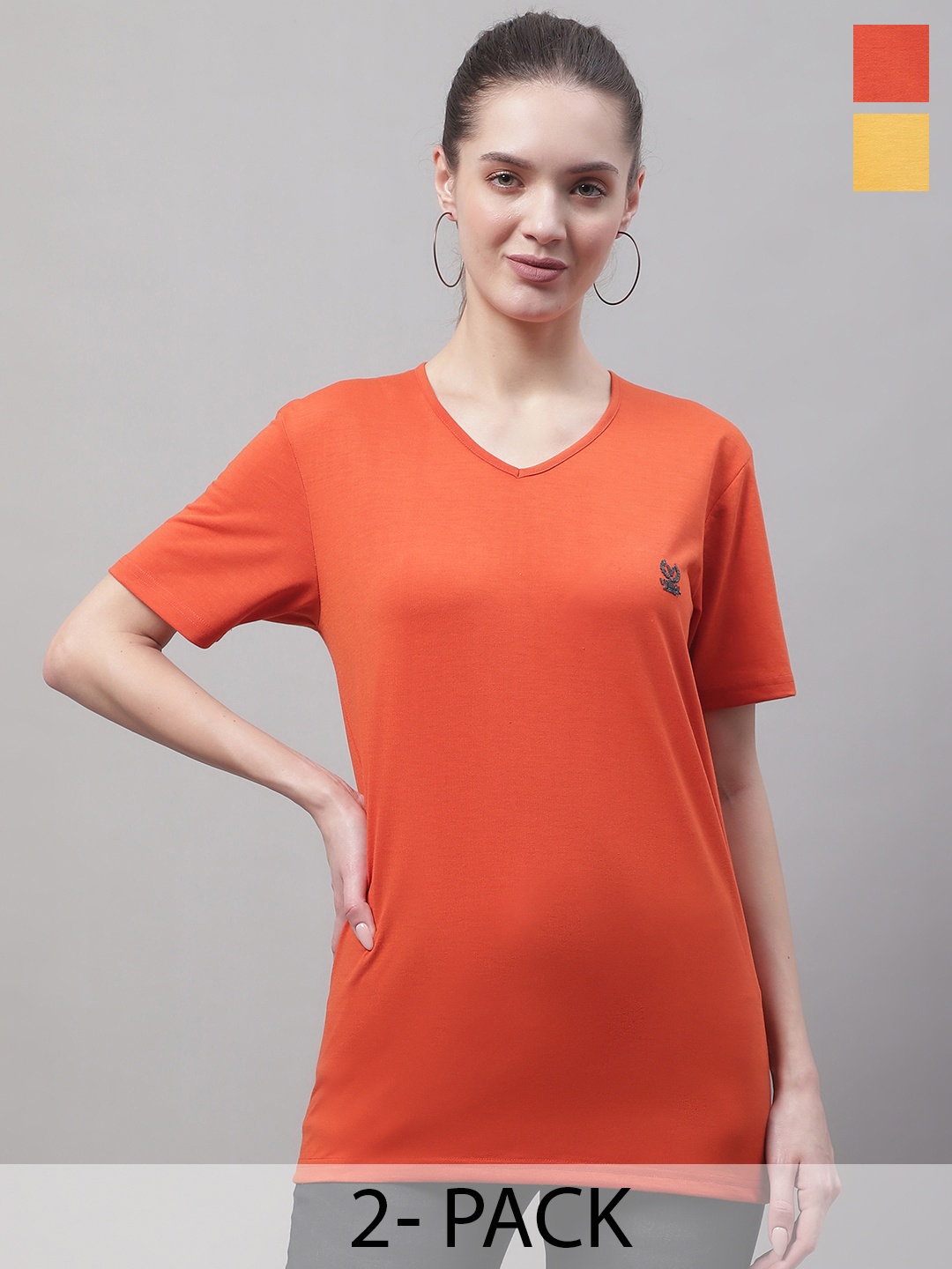 

MACK JONNEY Pack Of 2 V-Neck Cotton T-shirt, Orange