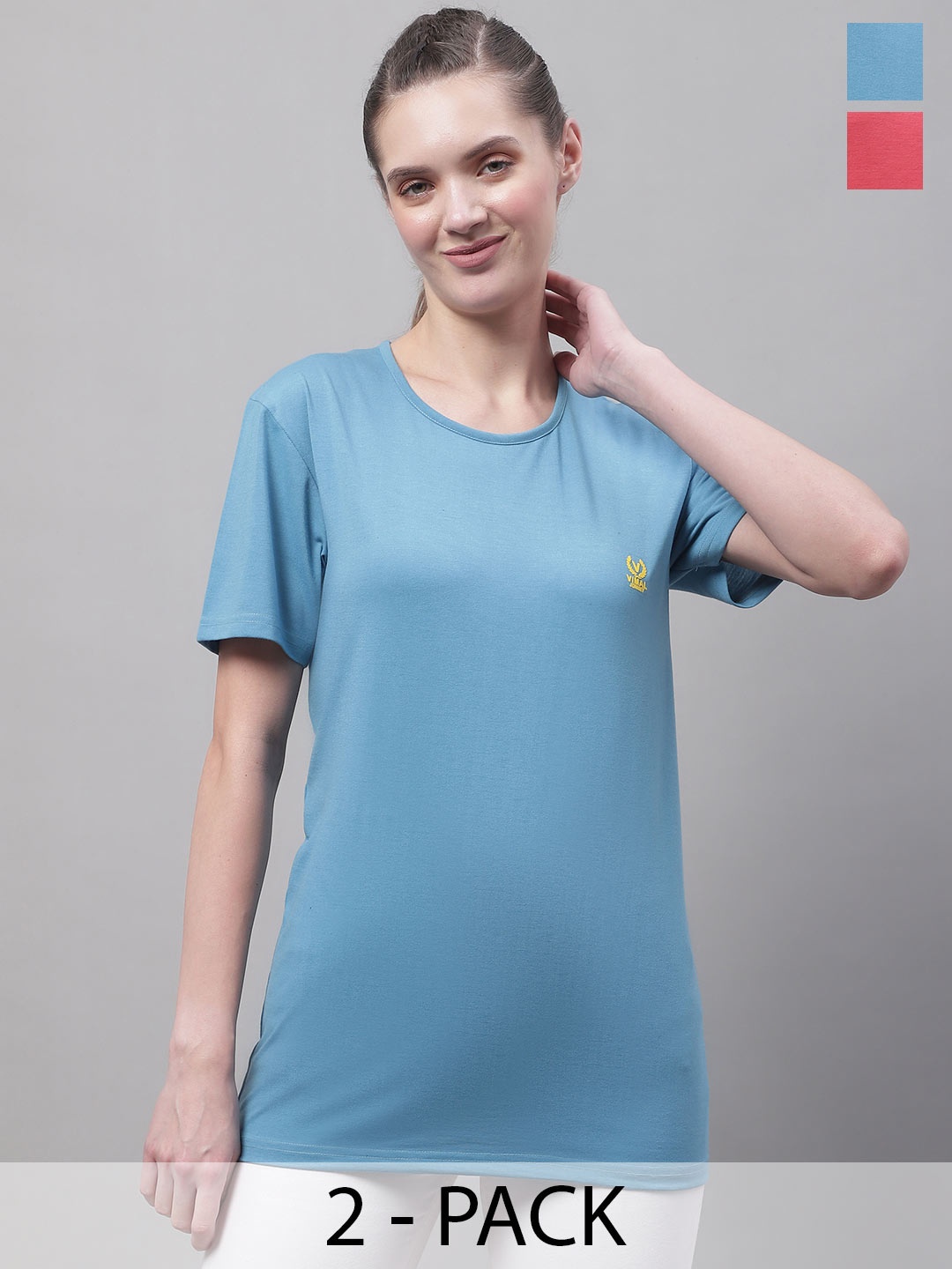 

VIMAL JONNEY Pack Of 2 Round Neck Cotton T-shirts, Blue