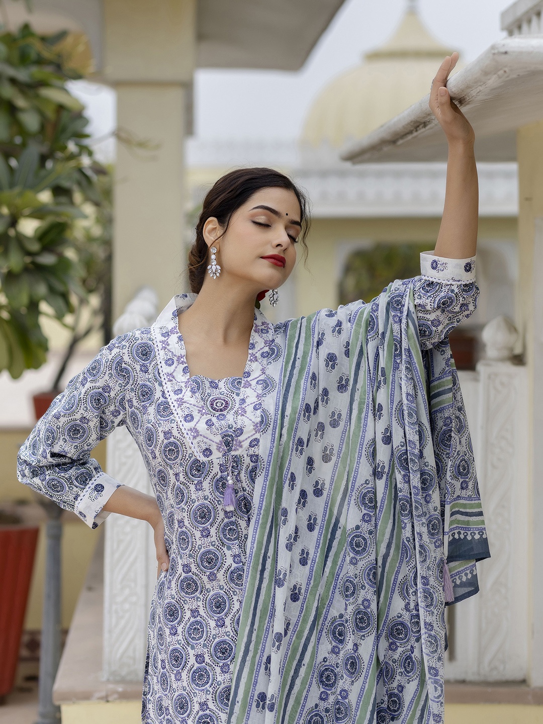 KALINI Floral Yoke Design V-Neck Thread Work Pure Cotton Kurta With Patiala & Dupatta, Blue