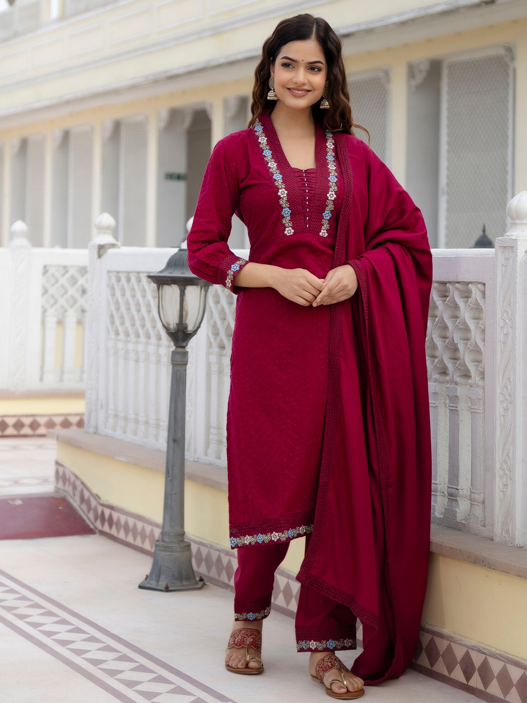 

KALINI Floral Embroidered Regular Thread Work Pure Cotton Kurta with Trousers & Dupatta, Magenta