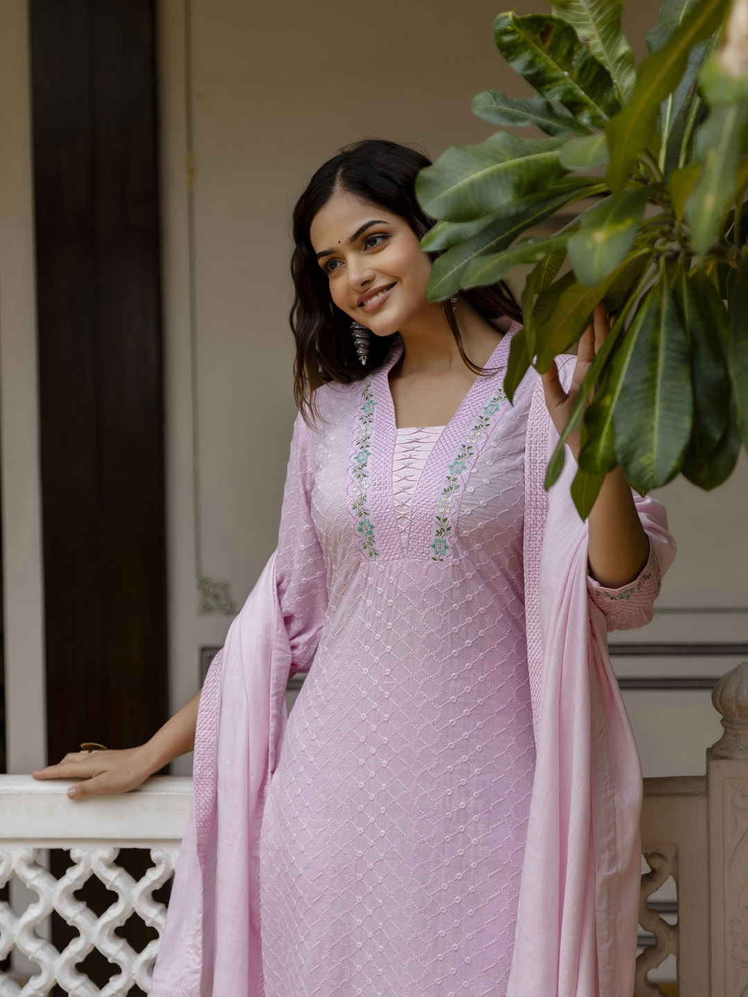 

KALINI Embroidered V-Neck Thread Work Pure Cotton Kurta With Trousers & Dupatta, Pink