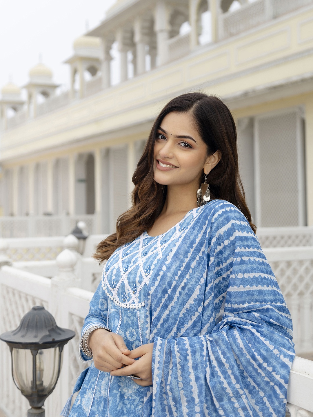 

KALINI Floral Printed Regular Mirror Work Pure Cotton Kurta With Trousers & Dupatta, Blue