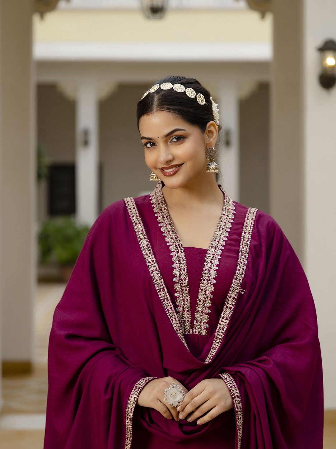 KALINI Floral Embroidered Panelled Kurta with Trousers & Dupatta, Magenta