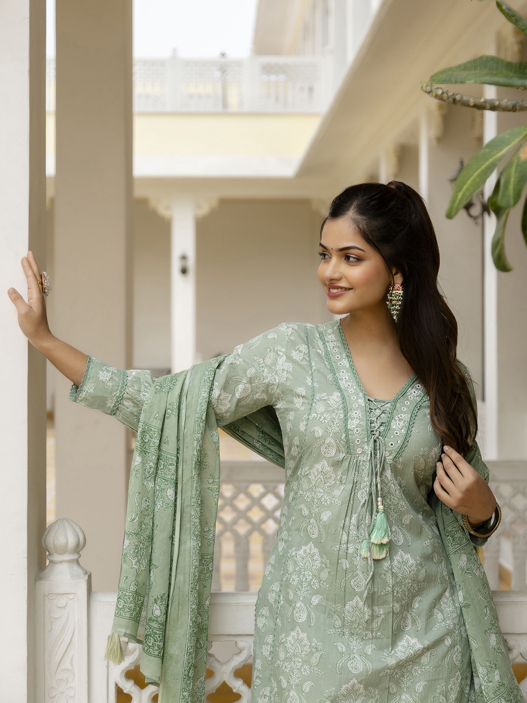 

KALINI Floral Yoke Design Panelled V-Neck Mirror Work Cotton Kurta With Patiala & Dupatta, Green