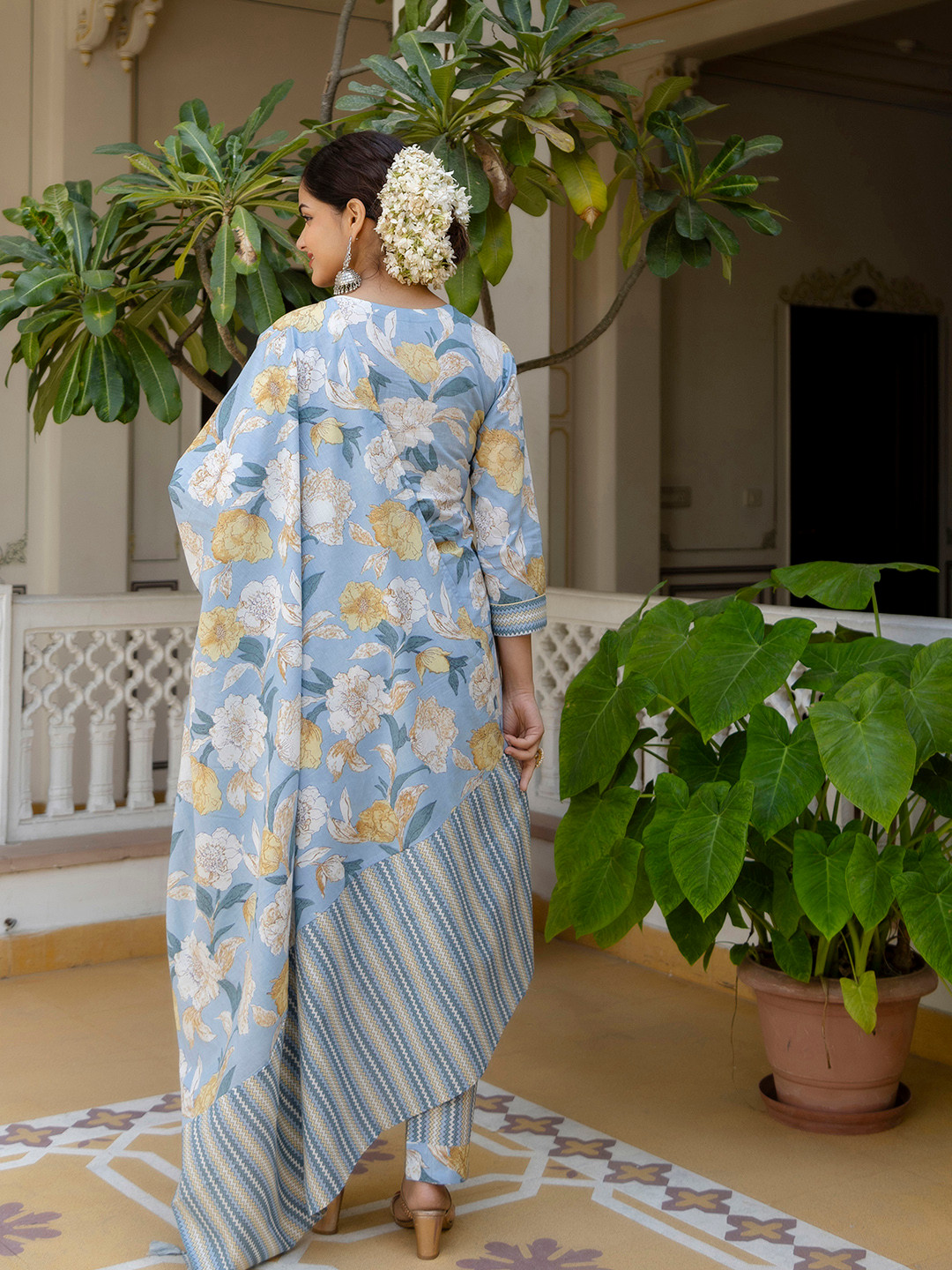 

KALINI Floral Printed Angrakha Cotton Straight Kurta & Trousers With Dupatta, Blue