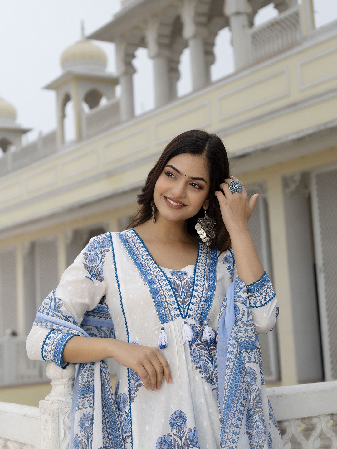

KALINI Floral Yoke Design V-Neck Panelled Cotton Anarkali Kurta With Trousers & Dupatta, White